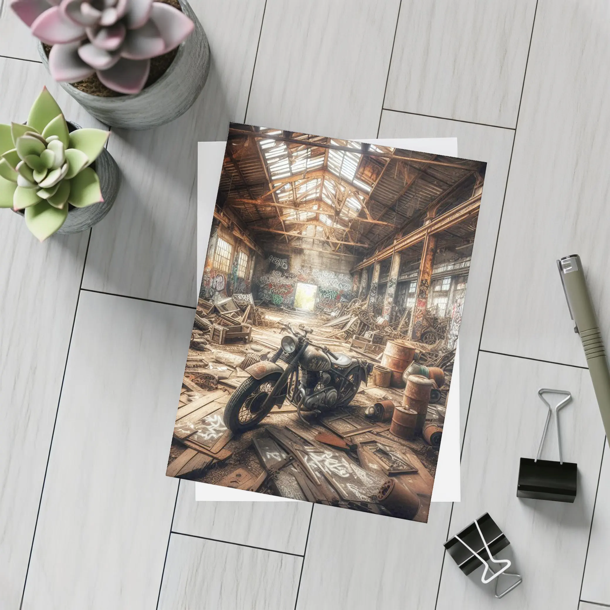 Vintage Motorcycle Abandoned Industrial Warehouse Scene – Postcards