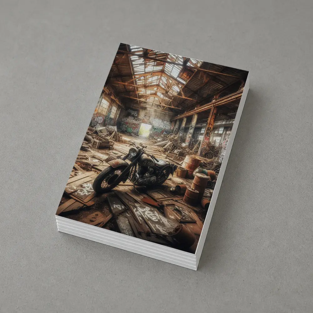 Vintage Motorcycle Abandoned Industrial Warehouse Scene – Postcards
