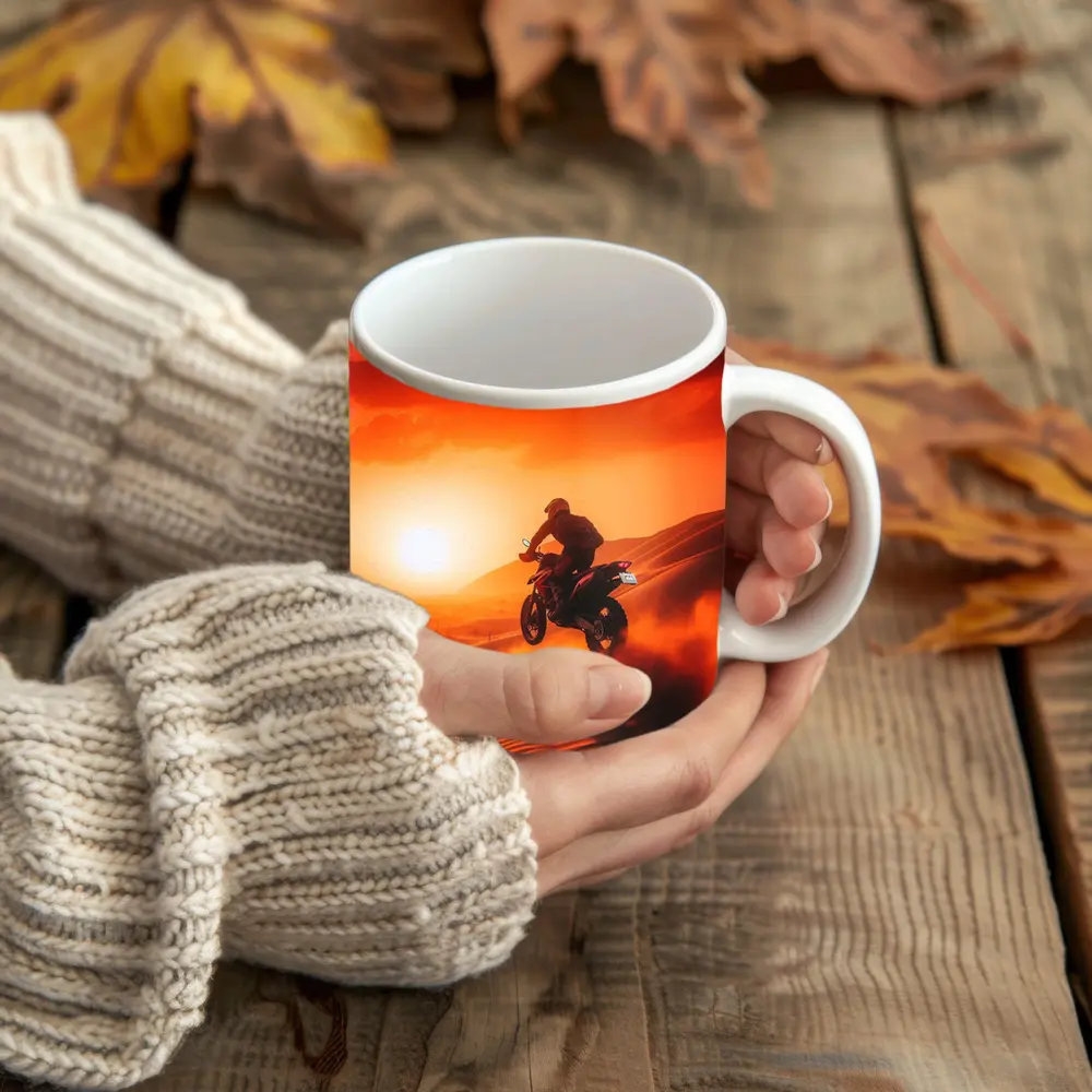 Motocross Rider Jumping Desert Sand Dunes Sunset – Mugs
