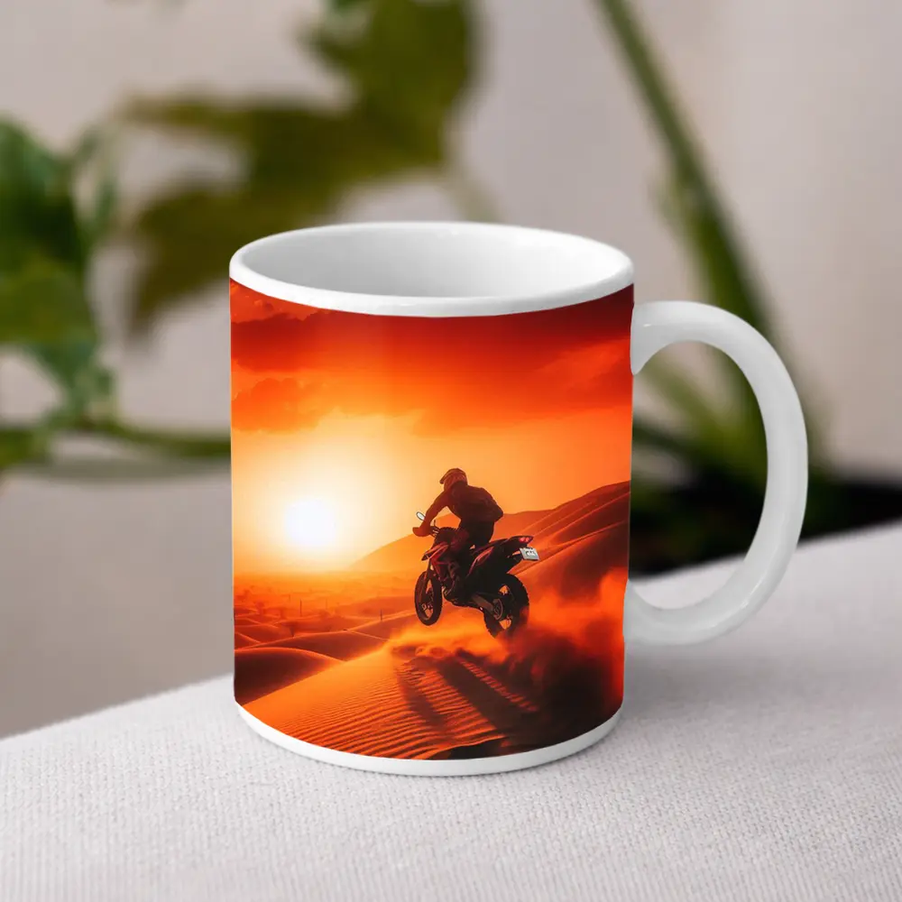 Motocross Rider Jumping Desert Sand Dunes Sunset – Mugs