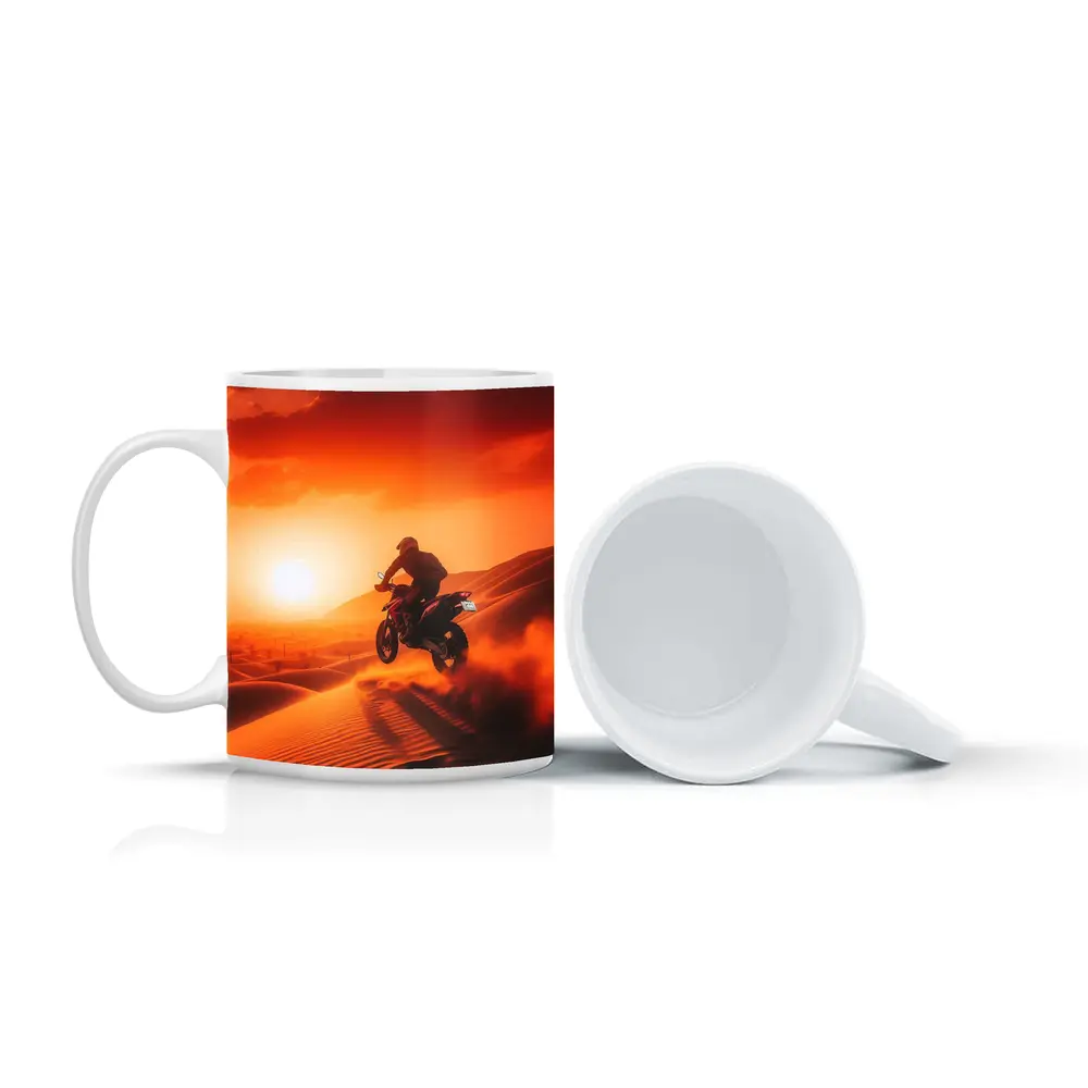 Motocross Rider Jumping Desert Sand Dunes Sunset – Mugs