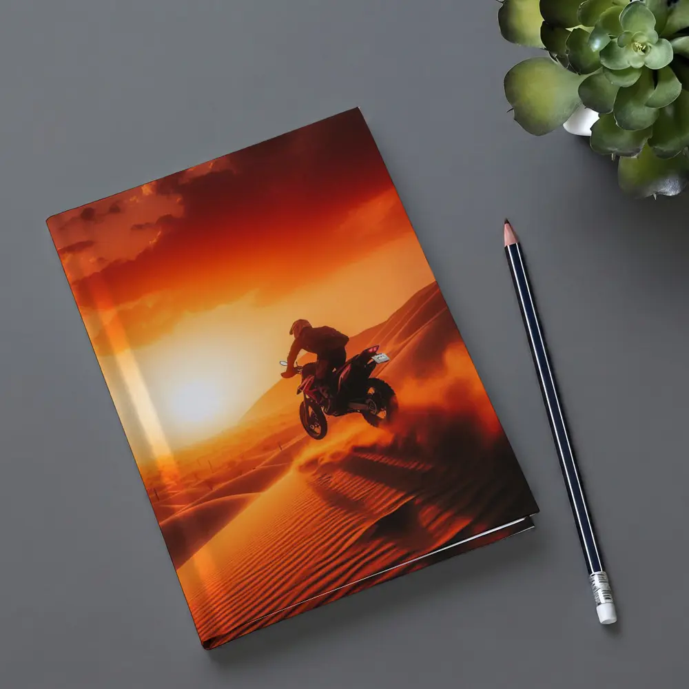 Motocross Rider Jumping Desert Sand Dunes Sunset – Notebooks