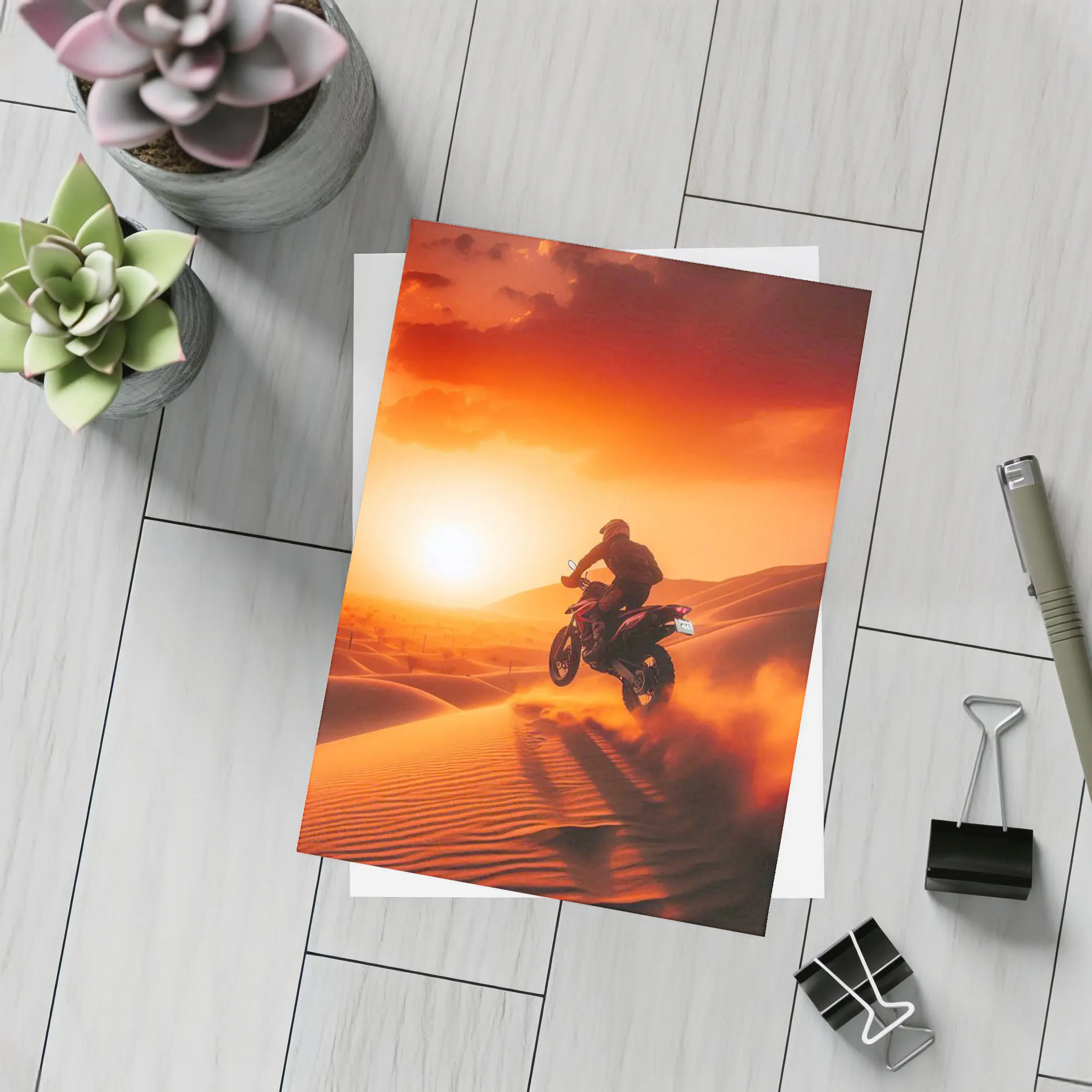 Motocross Rider Jumping Desert Sand Dunes Sunset – Postcards