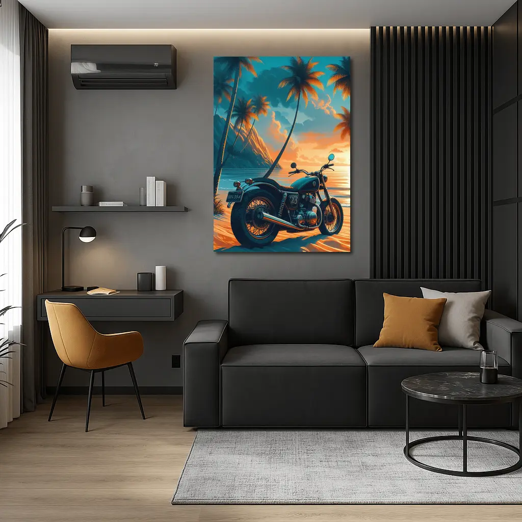 Cafe Racer Motorcycle Tropical Beach Sunset – Wall Art