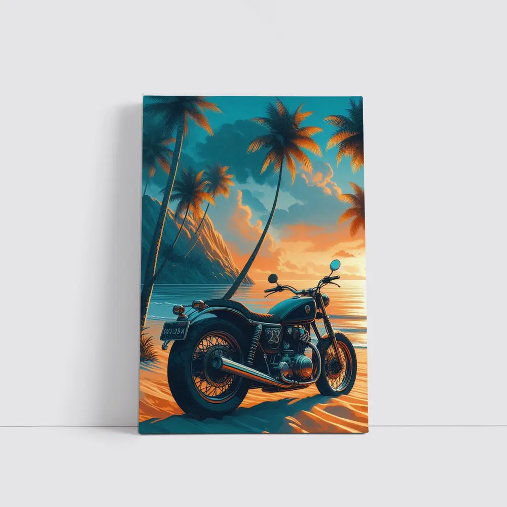 Cafe Racer Motorcycle Tropical Beach Sunset – Wall Art