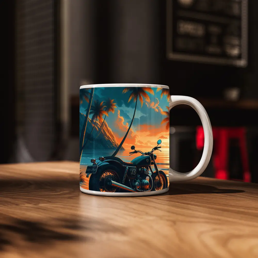 Cafe Racer Motorcycle Tropical Beach Sunset – Mugs