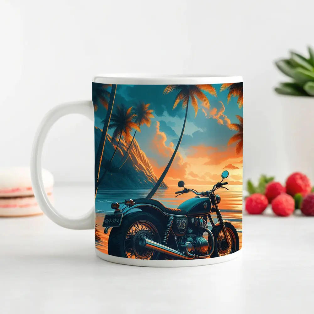 Cafe Racer Motorcycle Tropical Beach Sunset – Mugs