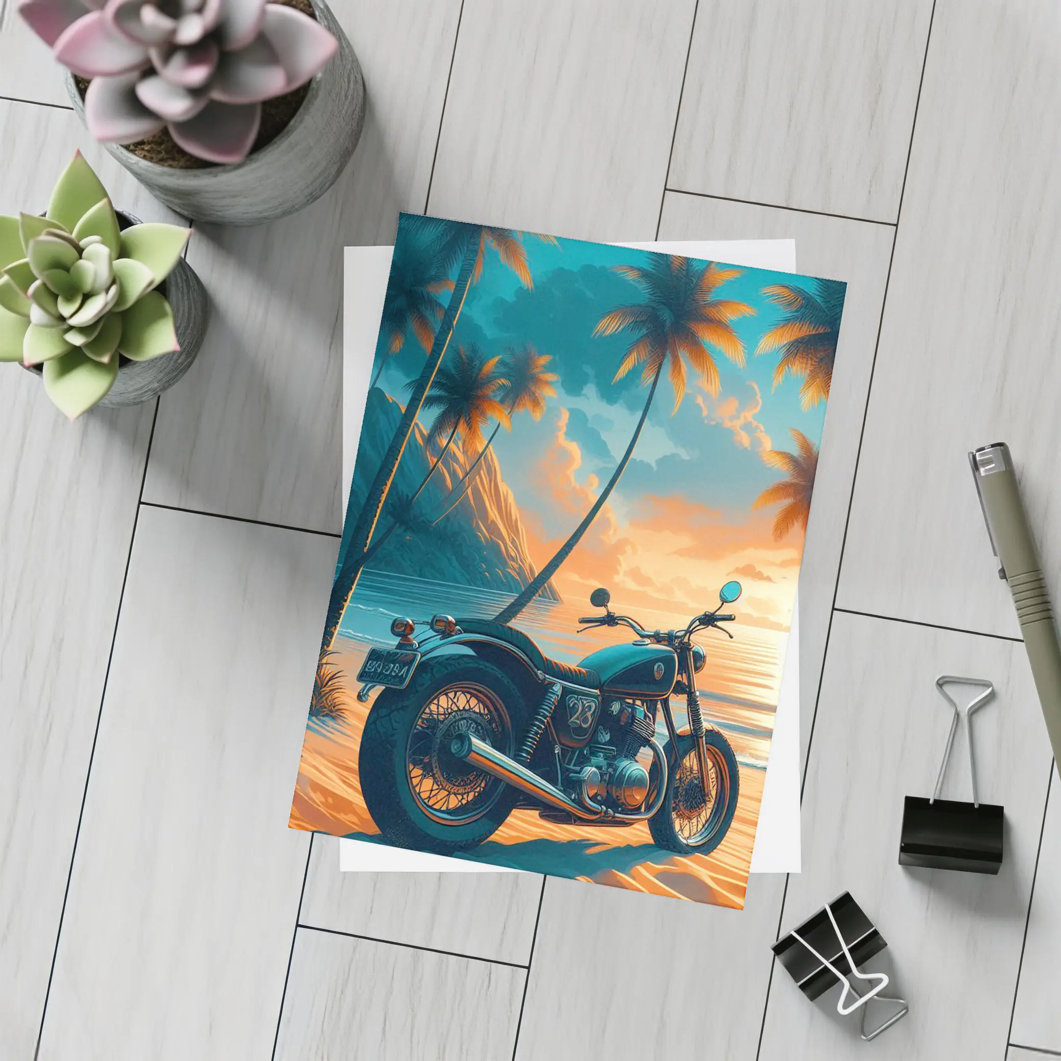 Cafe Racer Motorcycle Tropical Beach Sunset – Postcards