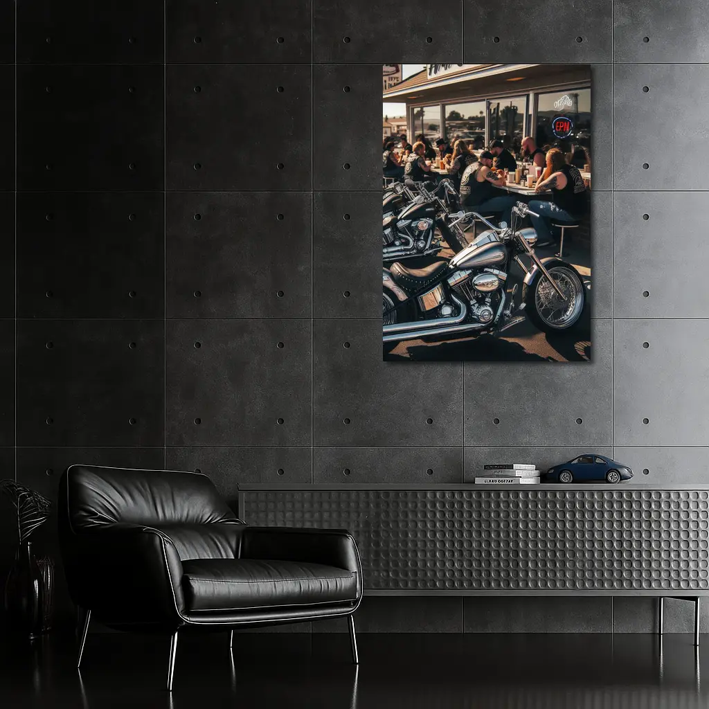Harley Davidson Choppers Parked Outside Diner – Wall Art