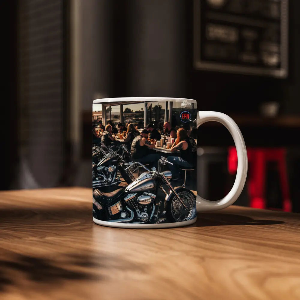 Harley Davidson Choppers Parked Outside Diner – Mugs