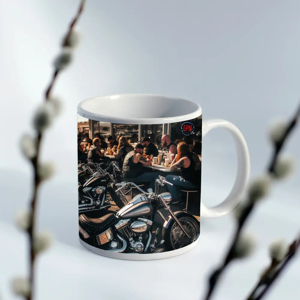 Harley Davidson Choppers Parked Outside Diner – Mugs