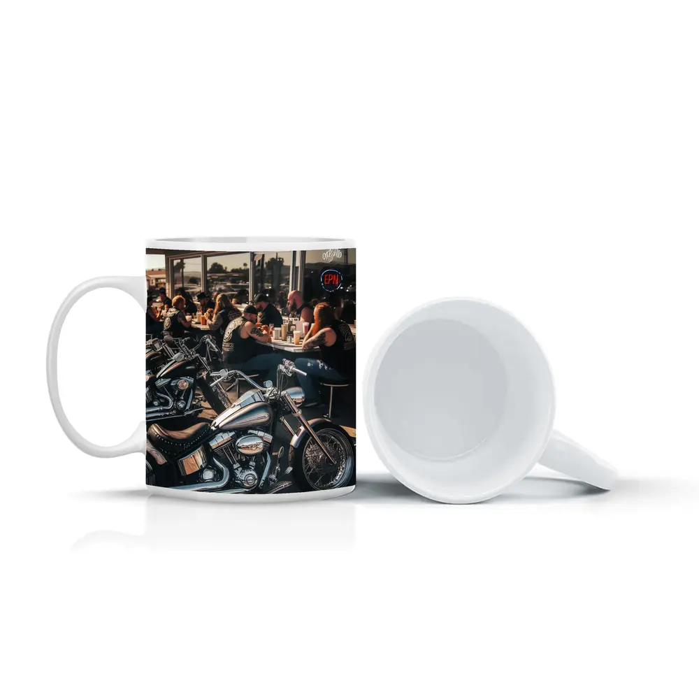 Harley Davidson Choppers Parked Outside Diner – Mugs