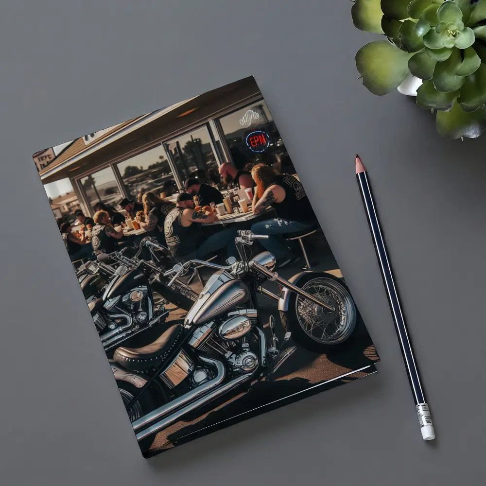 Harley Davidson Choppers Parked Outside Diner – Notebooks