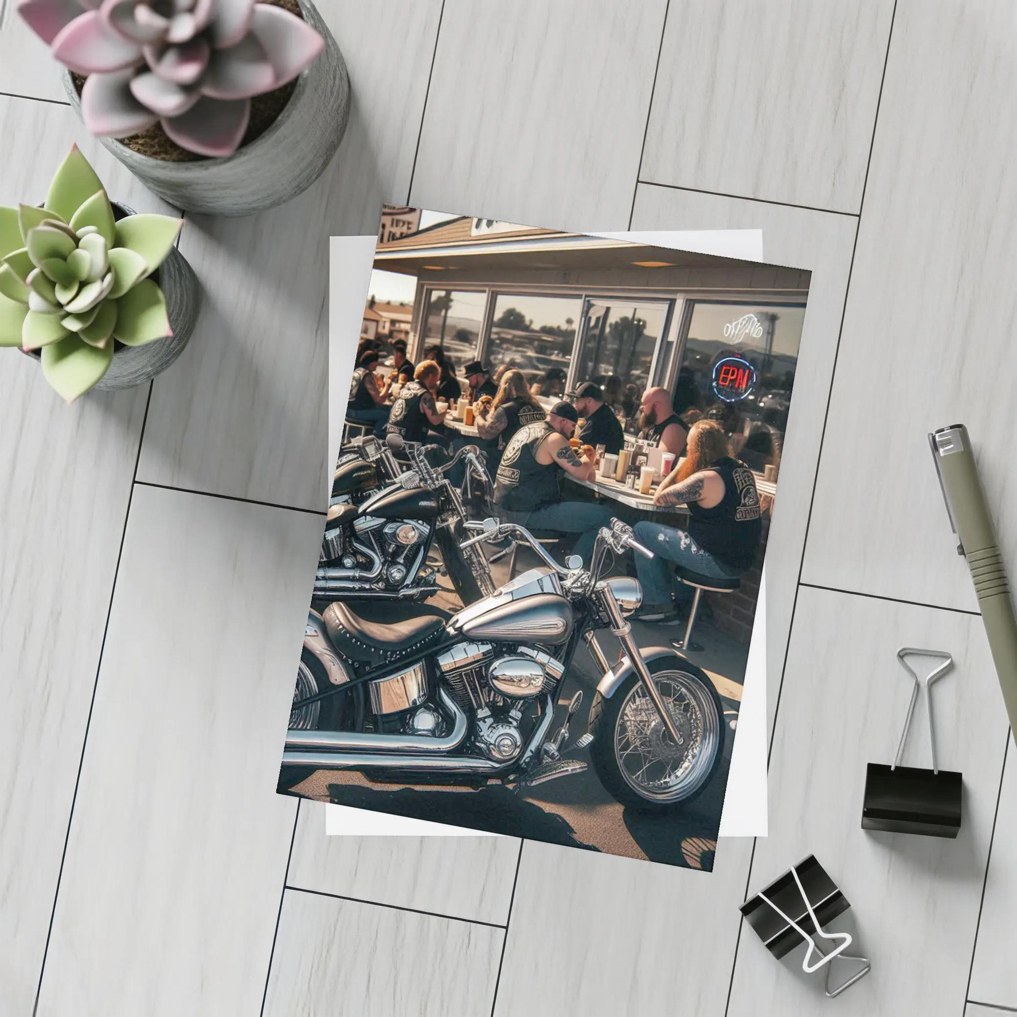 Harley Davidson Choppers Parked Outside Diner – Postcards