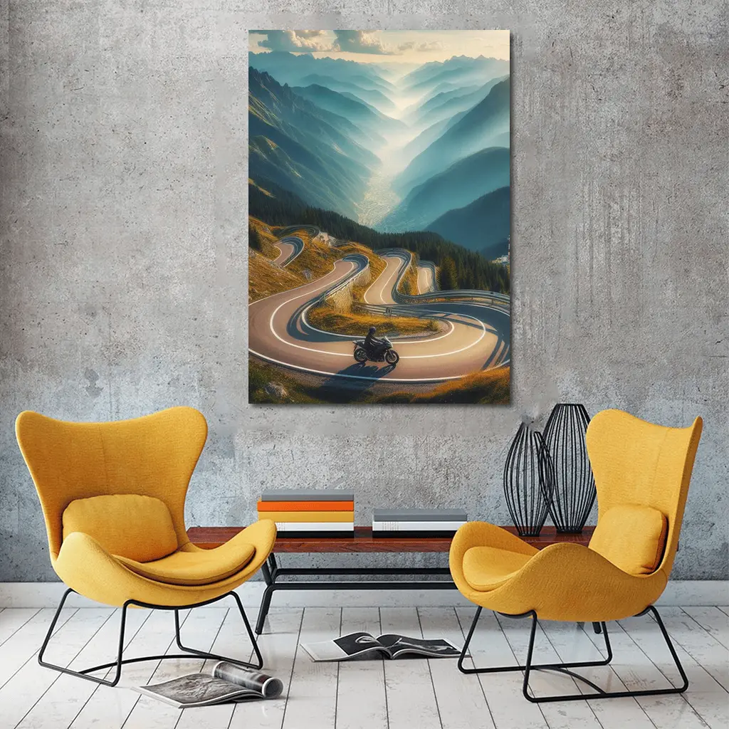 Motorcycle Rider Alpine Switchback Mountain Road – Wall Art
