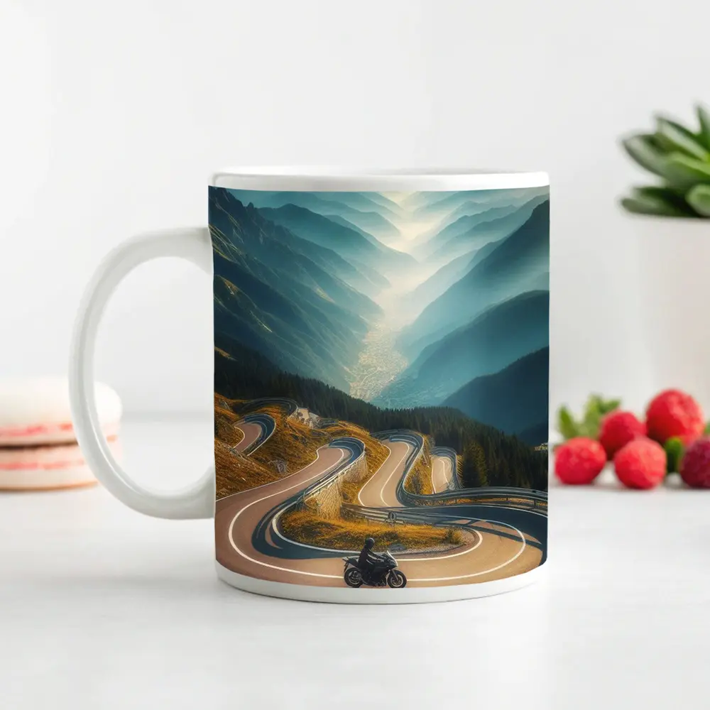 Motorcycle Rider Alpine Switchback Mountain Road – Mugs