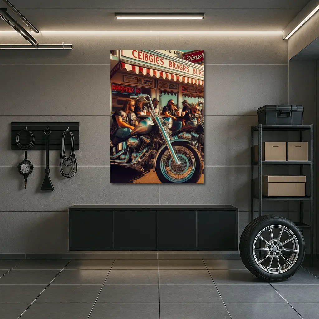 Bikers Relaxing Outside Retro American Diner – Wall Art