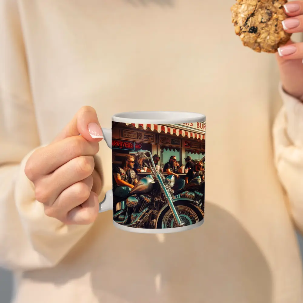 Bikers Relaxing Outside Retro American Diner – Mugs