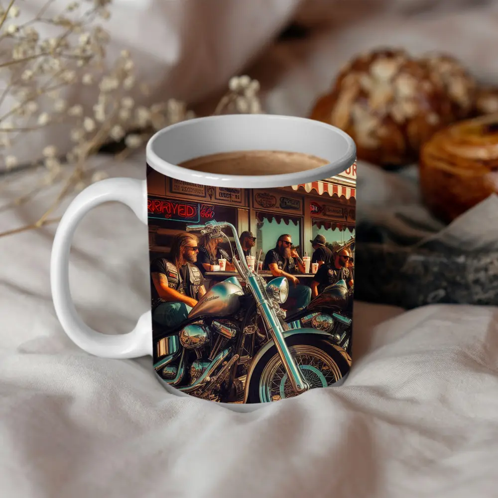 Bikers Relaxing Outside Retro American Diner – Mugs