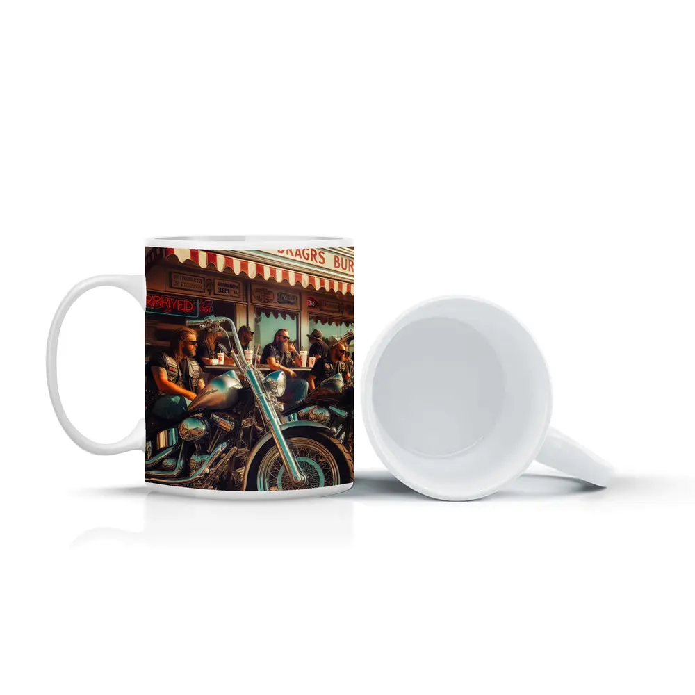Bikers Relaxing Outside Retro American Diner – Mugs