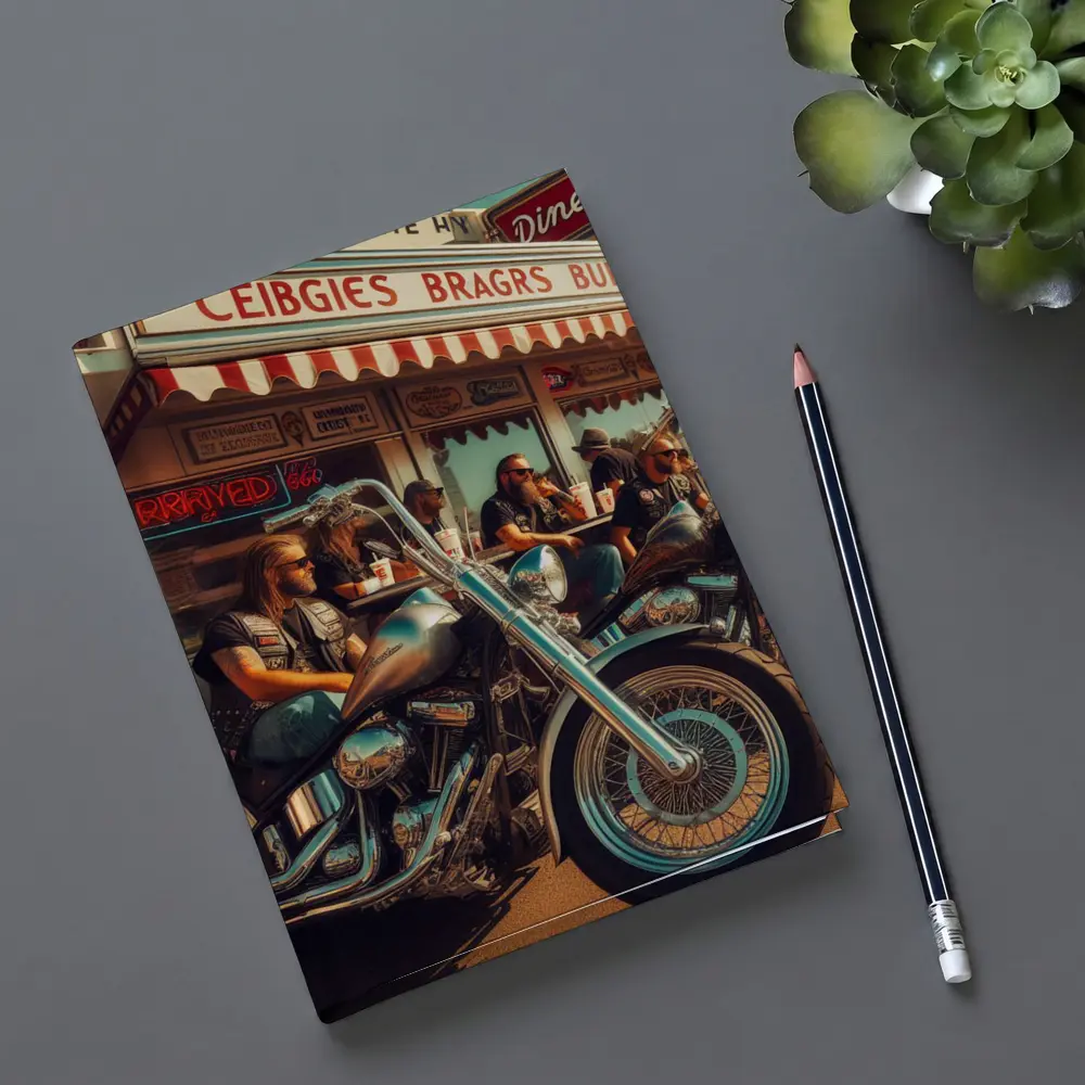 Bikers Relaxing Outside Retro American Diner – Notebooks