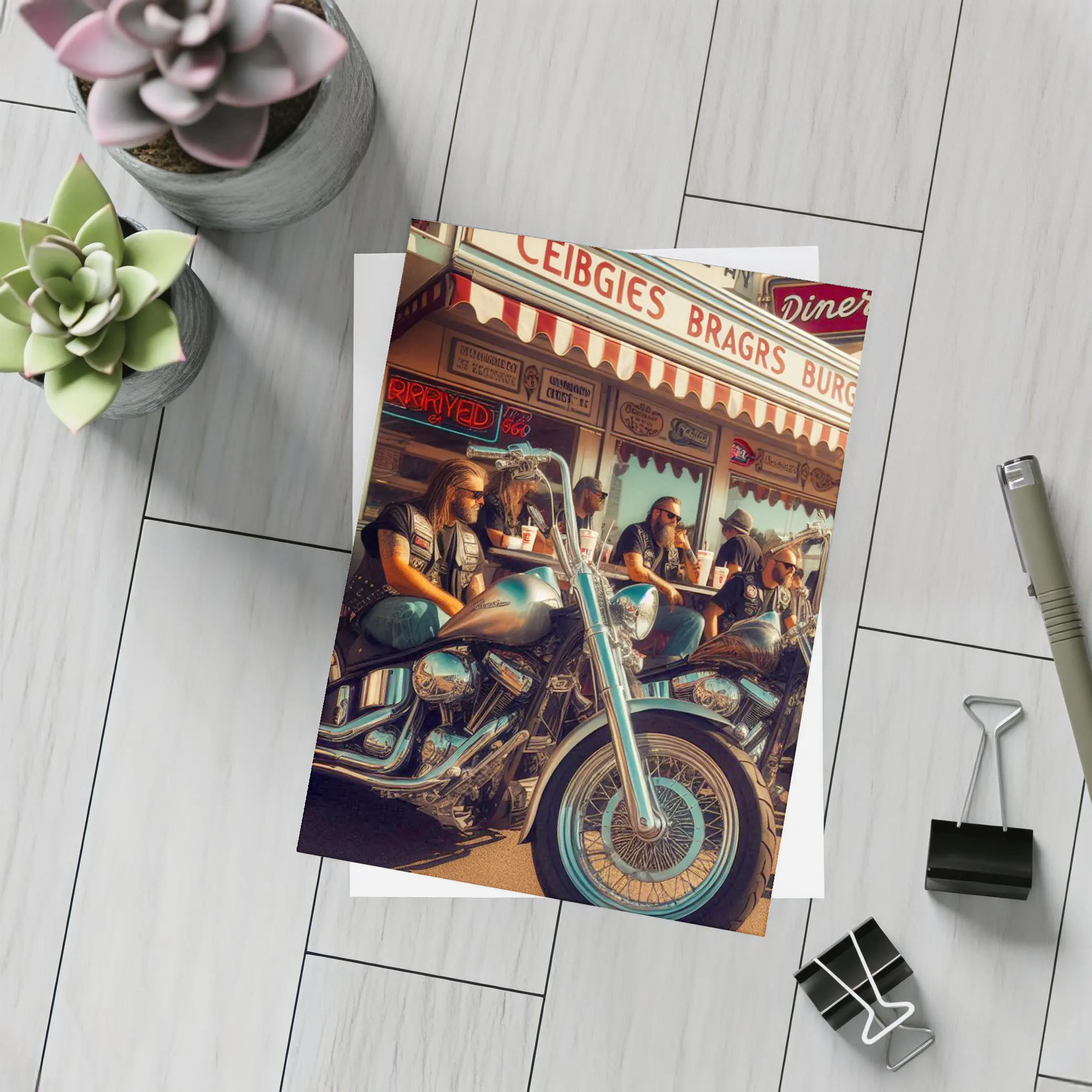 Bikers Relaxing Outside Retro American Diner – Postcards