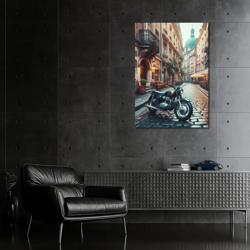 Vintage Cafe Racer Motorcycle Cobblestone European Street – Wall Art