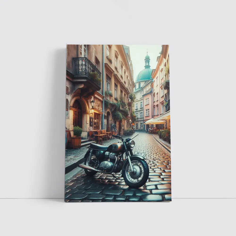 Vintage Cafe Racer Motorcycle Cobblestone European Street – Wall Art