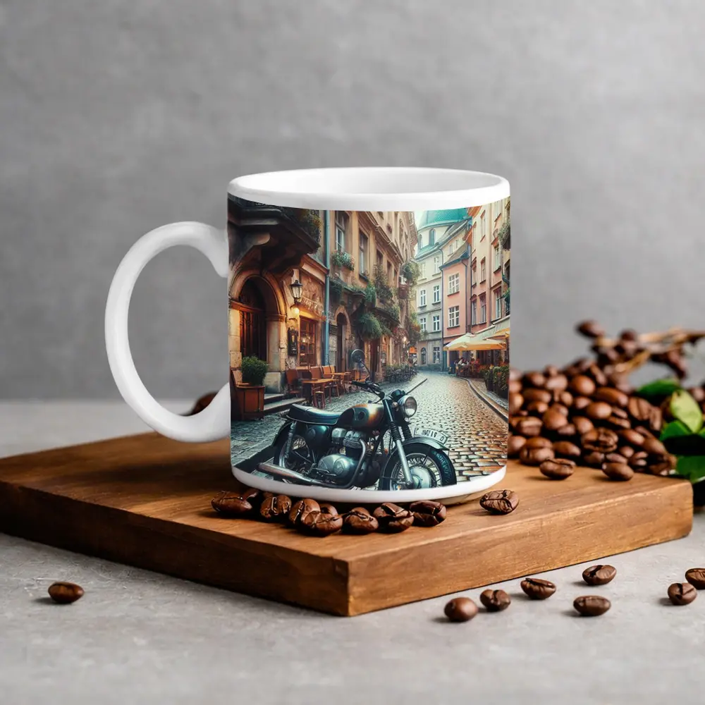 Vintage Cafe Racer Motorcycle Cobblestone European Street – Mugs