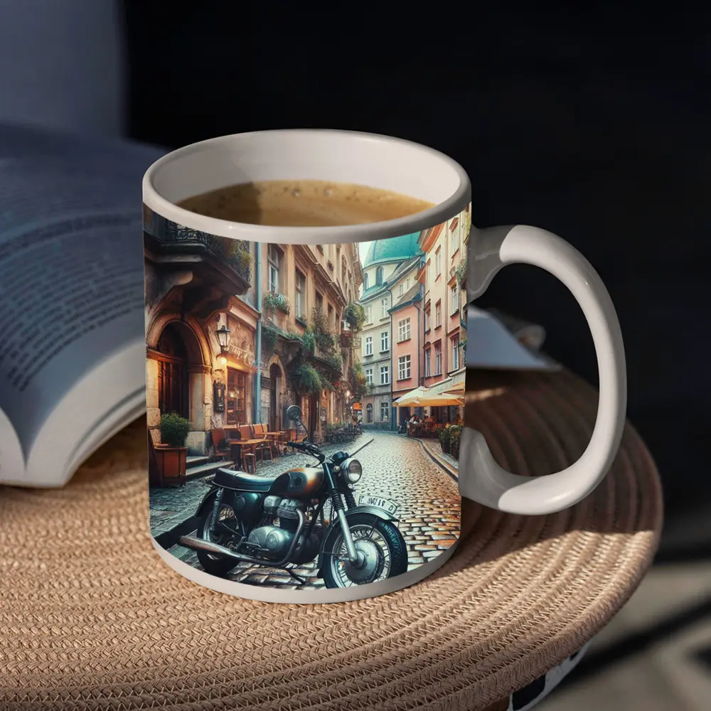 Vintage Cafe Racer Motorcycle Cobblestone European Street – Mugs