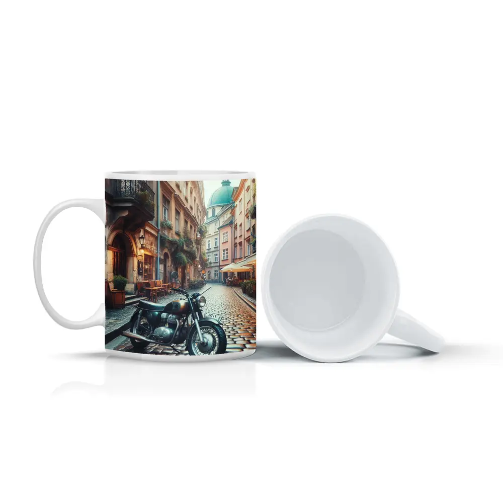 Vintage Cafe Racer Motorcycle Cobblestone European Street – Mugs