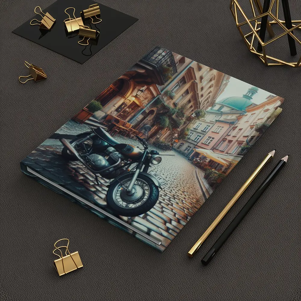 Vintage Cafe Racer Motorcycle Cobblestone European Street – Notebooks
