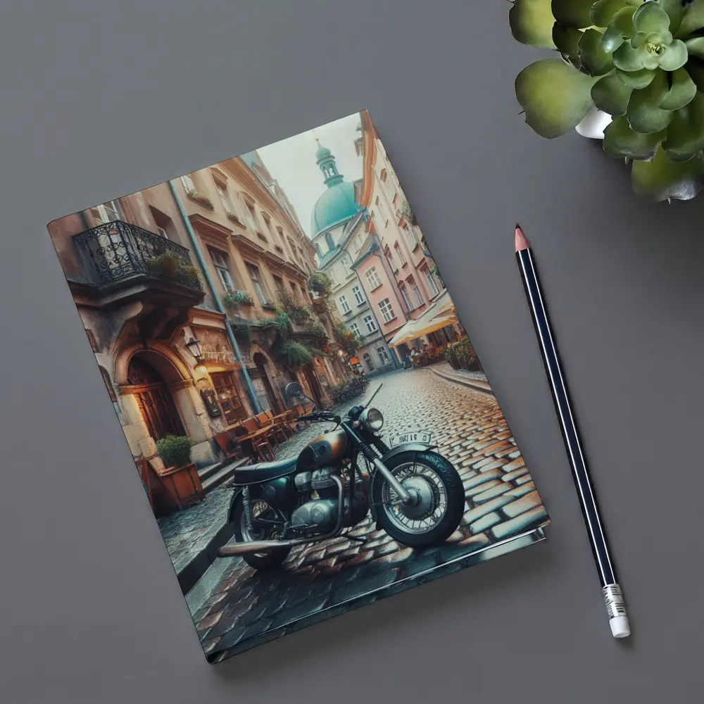 Vintage Cafe Racer Motorcycle Cobblestone European Street – Notebooks