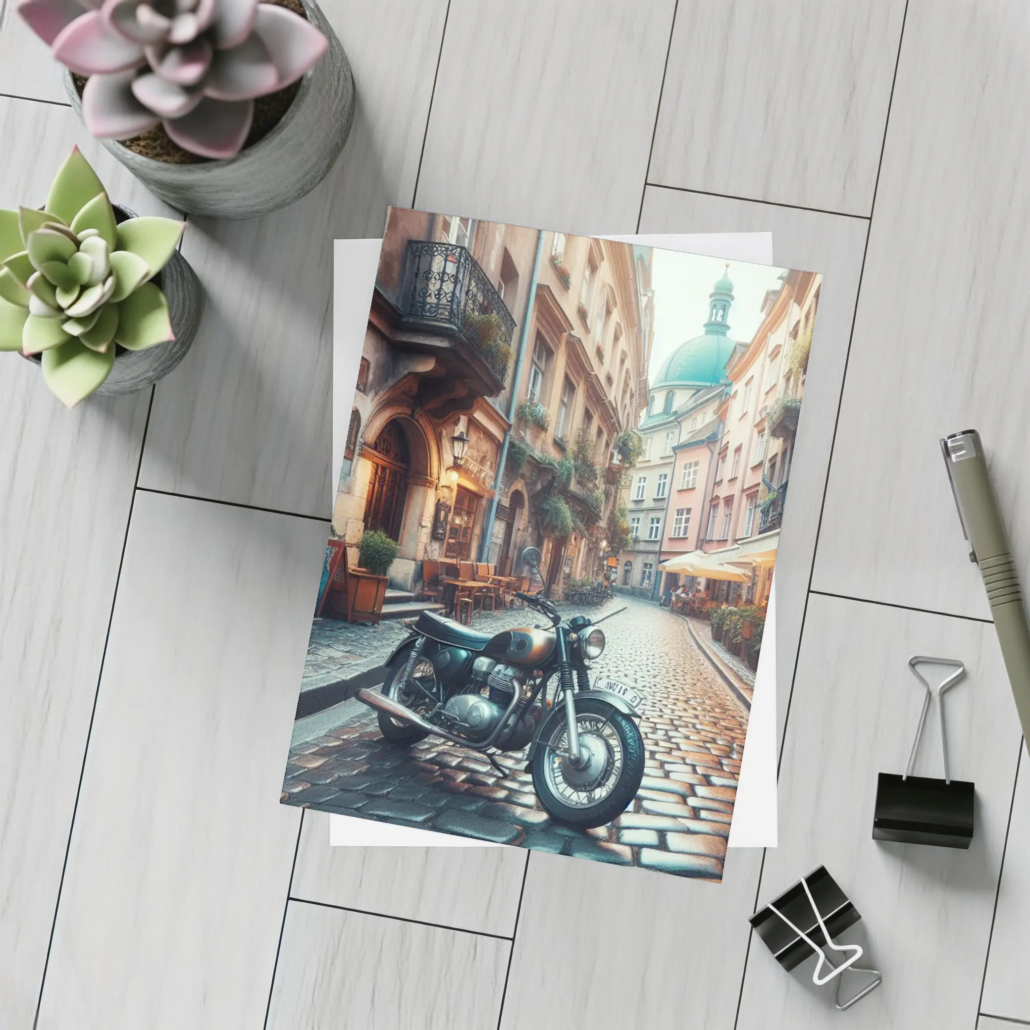 Vintage Cafe Racer Motorcycle Cobblestone European Street – Postcards