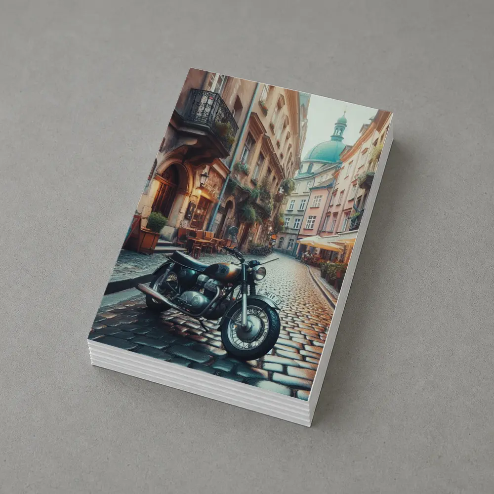 Vintage Cafe Racer Motorcycle Cobblestone European Street – Postcards