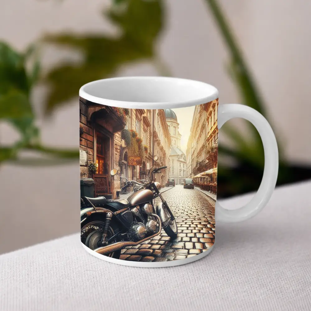 Classic Cruiser Motorcycle Cobblestone European Street – Mugs