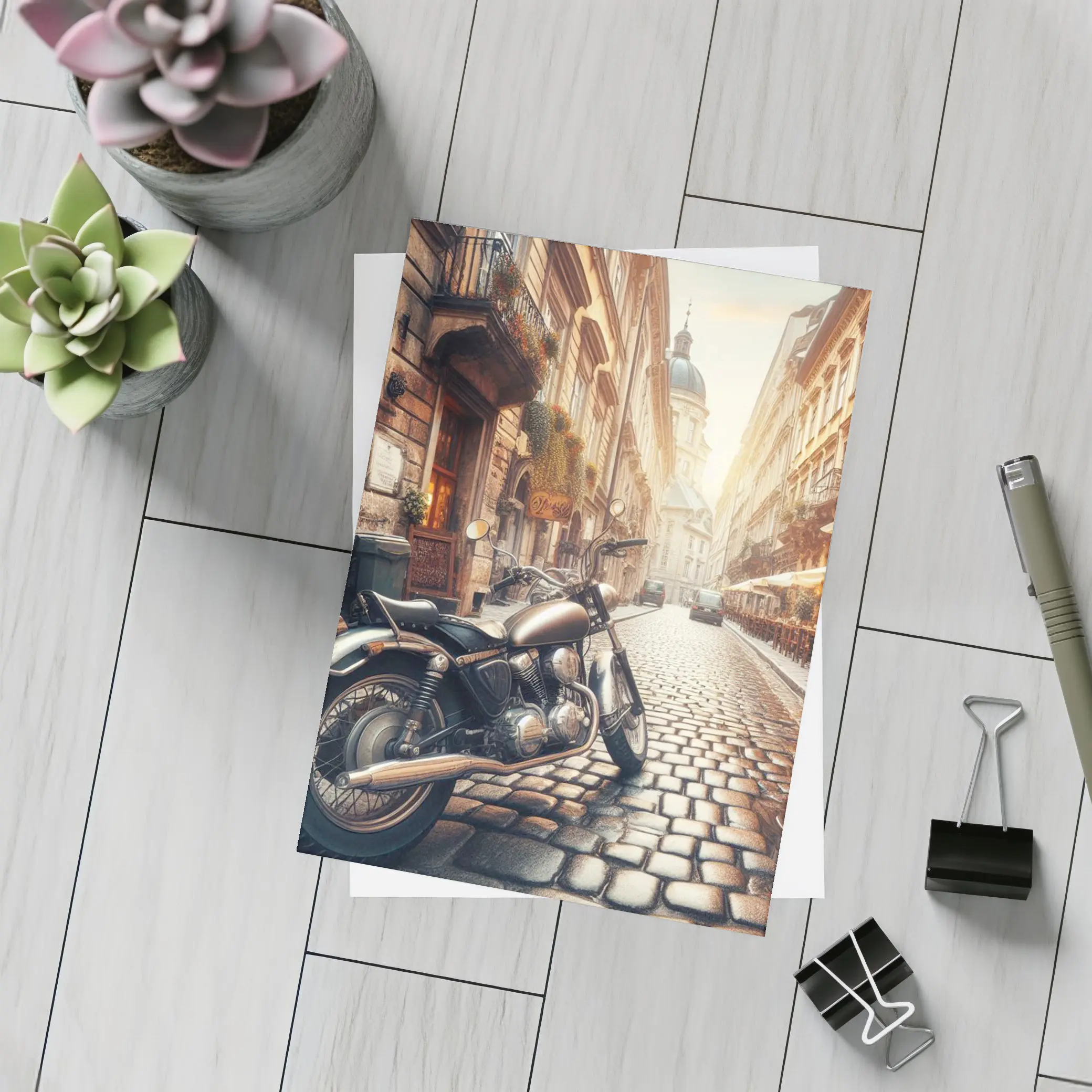 Classic Cruiser Motorcycle Cobblestone European Street – Postcards
