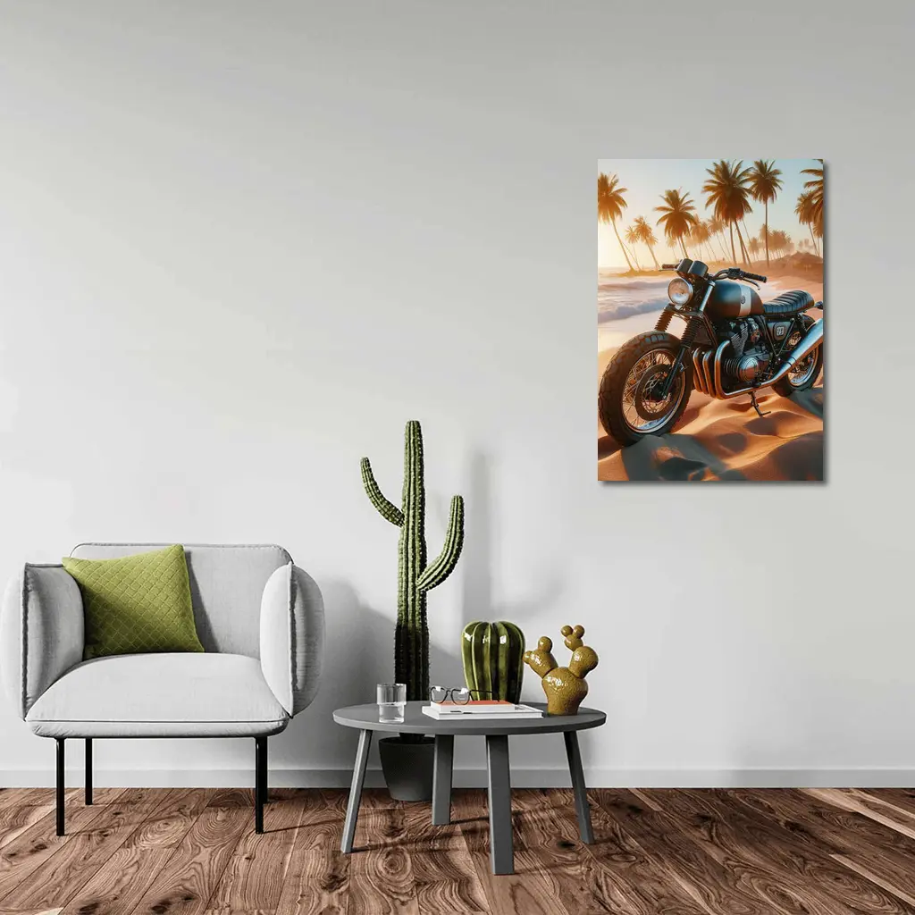 Cafe Racer Motorcycle Parked On Tropical Beach – Wall Art
