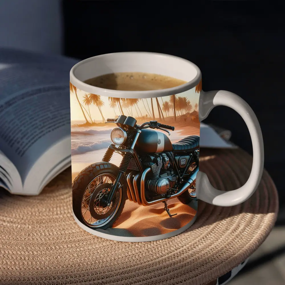 Cafe Racer Motorcycle Parked On Tropical Beach – Mugs