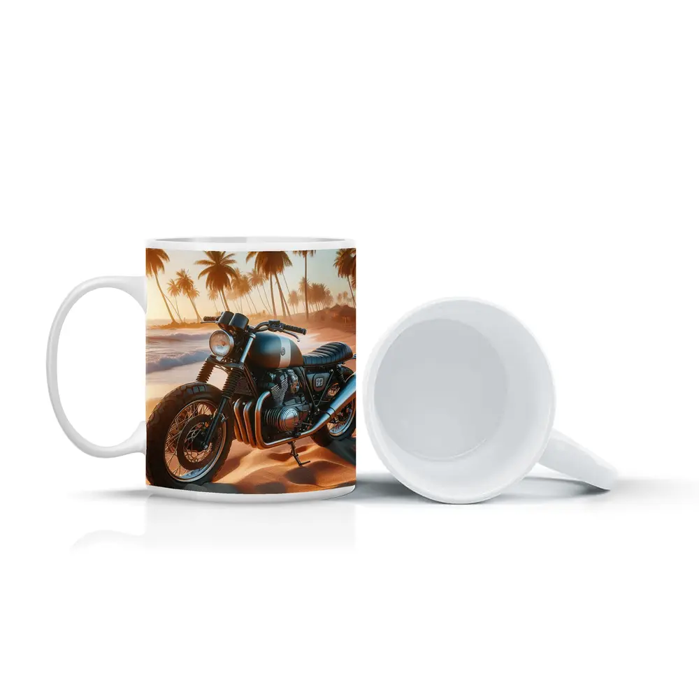 Cafe Racer Motorcycle Parked On Tropical Beach – Mugs