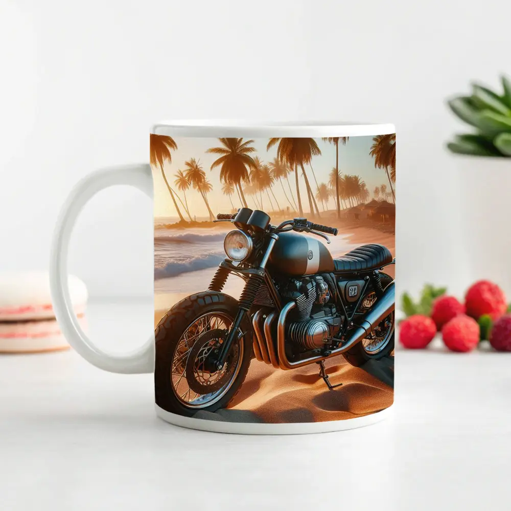 Cafe Racer Motorcycle Parked On Tropical Beach – Mugs