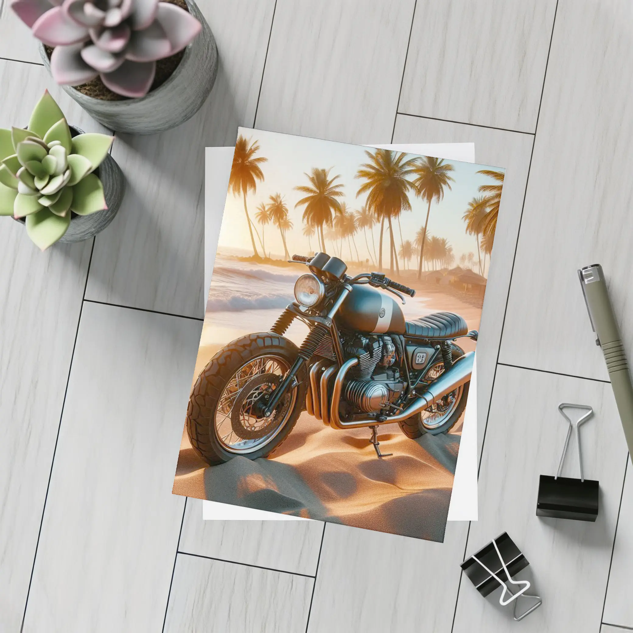 Cafe Racer Motorcycle Parked On Tropical Beach – Postcards