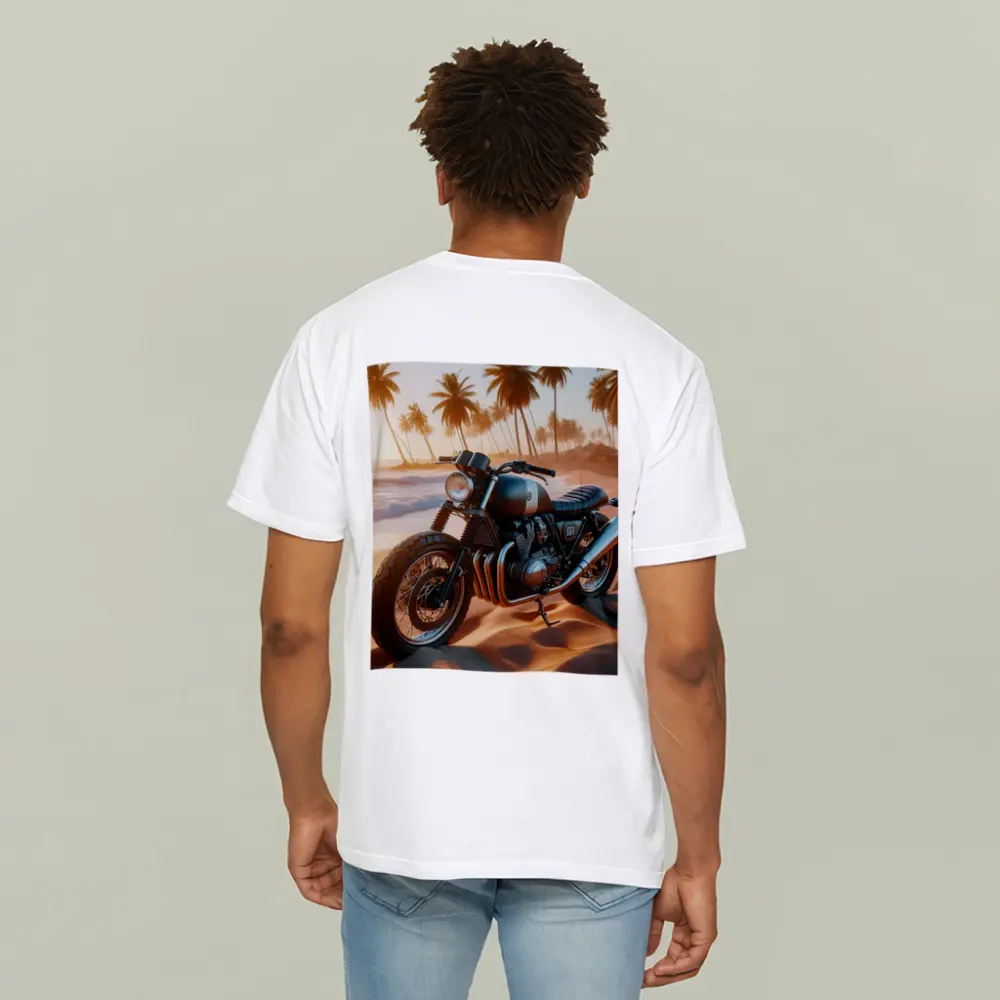 Cafe Racer Motorcycle Parked On Tropical Beach – T-Shirts