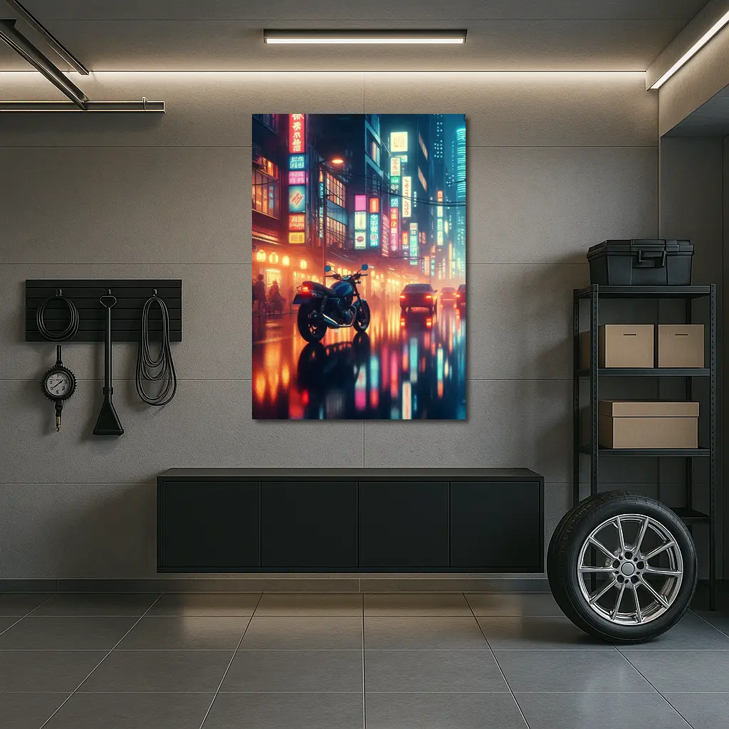 Cafe Racer Motorcycle Neon City Night Rain – Wall Art