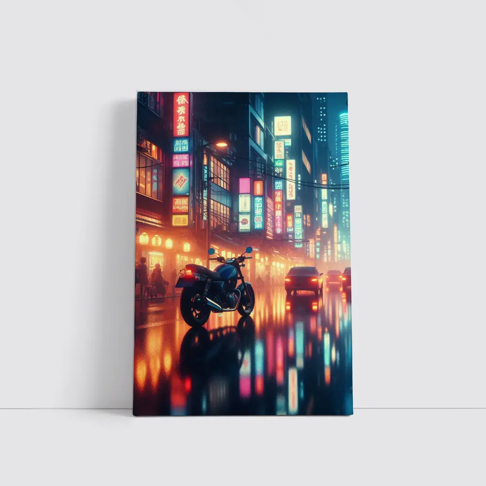 Cafe Racer Motorcycle Neon City Night Rain – Wall Art