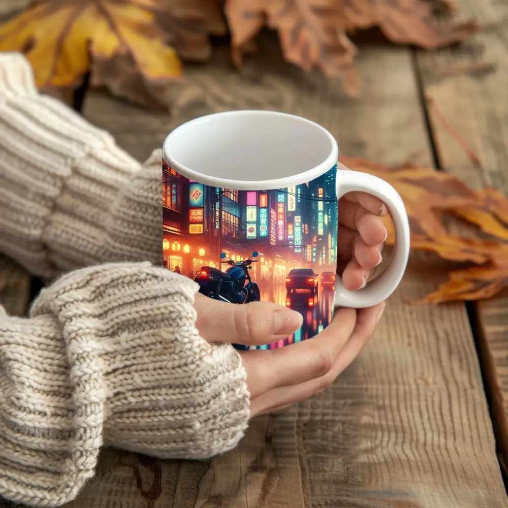 Cafe Racer Motorcycle Neon City Night Rain – Mugs