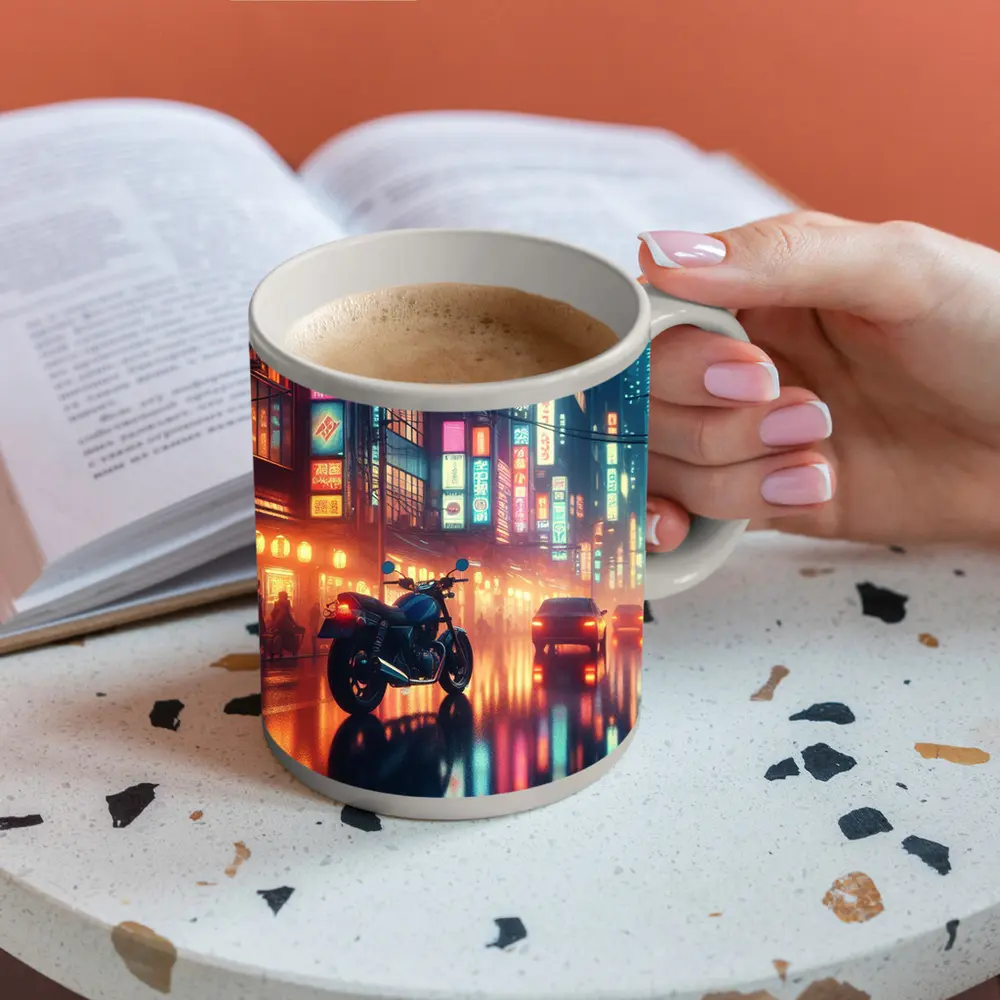 Cafe Racer Motorcycle Neon City Night Rain – Mugs