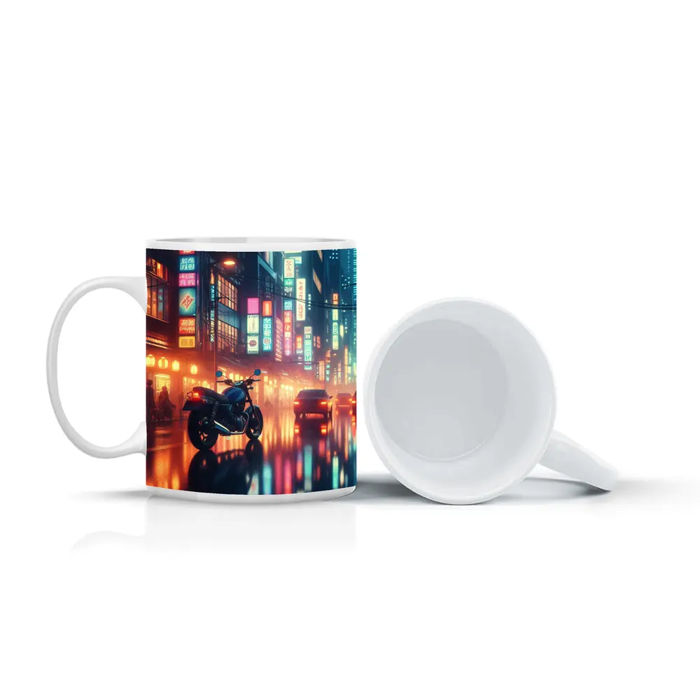 Cafe Racer Motorcycle Neon City Night Rain – Mugs