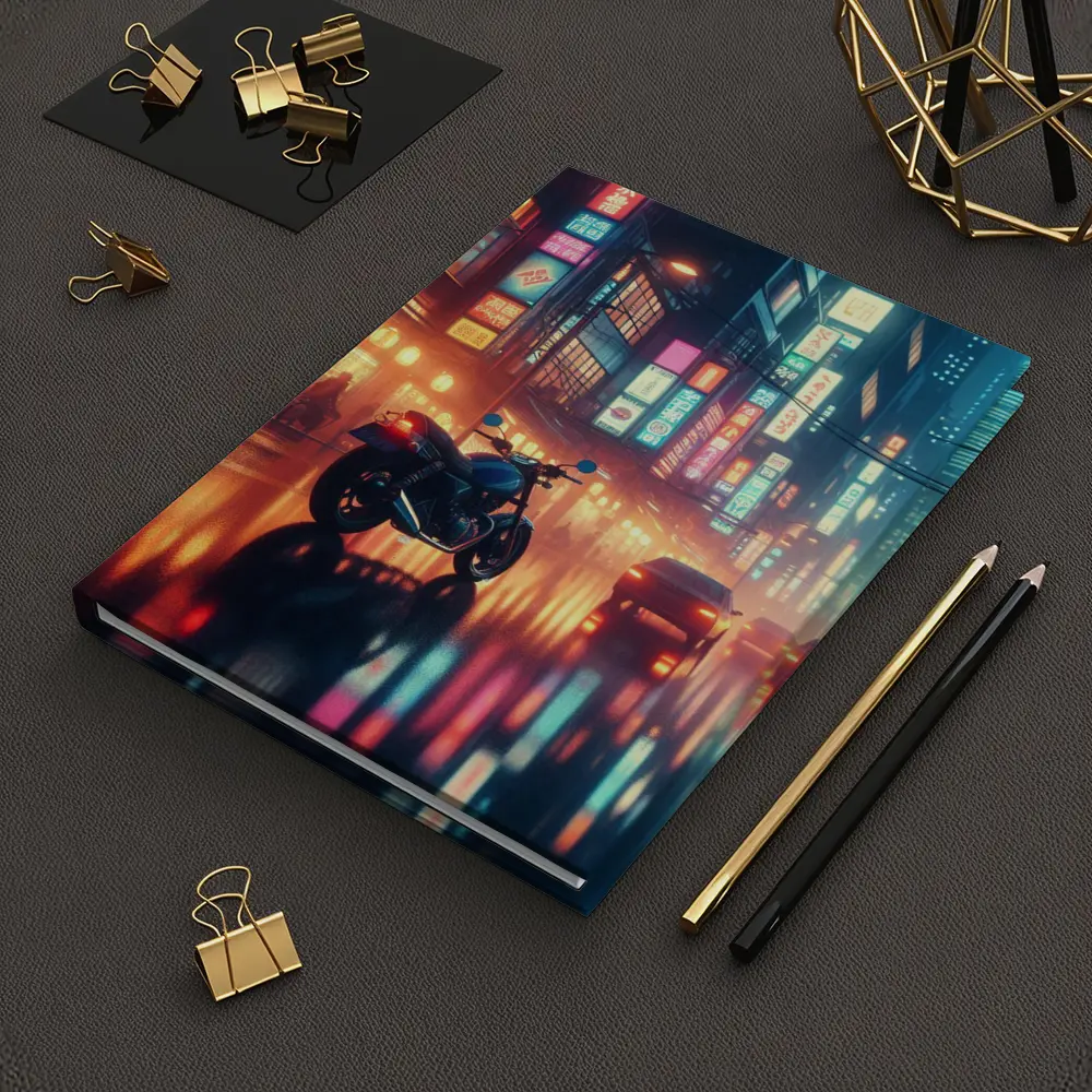 Cafe Racer Motorcycle Neon City Night Rain – Notebooks