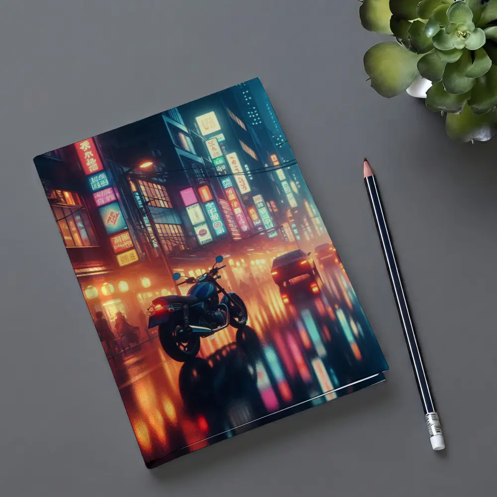 Cafe Racer Motorcycle Neon City Night Rain – Notebooks